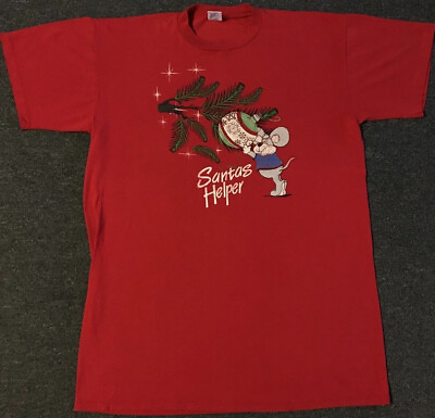 #ad Vtg 90s Santas Helper Mouse Sleeping Shirt USA Animal Christmas Tree Cartoon 80s $34.95