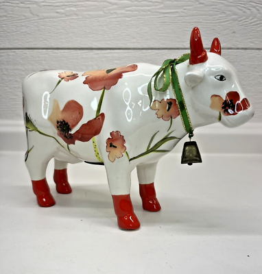 #ad Cow Cattle Ceramic Poppy Flower Art Coin Money Piggy Bank Plug Bell Parade EUC $35.00