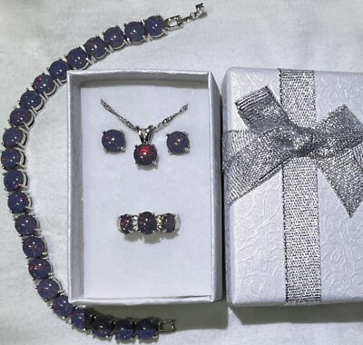 #ad Stunning Black Fire Opal Necklace Earrings Bracelet amp; Ring Size 9 Set $25.75