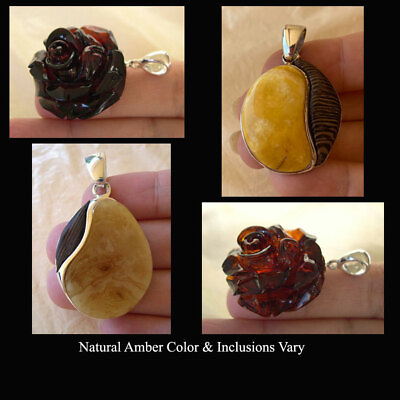 #ad BALTIC AMBER ROSE CARVED or AFRICAN WENGE WOOD STERLING SILVER HANDMADE PENDANT $60.40