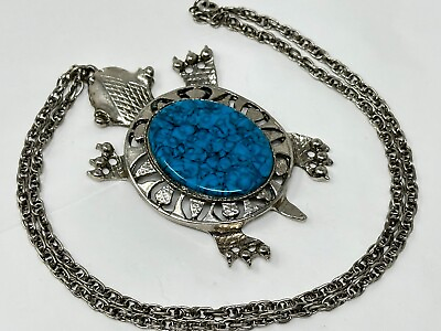#ad Vintage Southwestern Style Faux Turquoise Oval Large TURTLE Pendant 24quot; Necklace $24.00