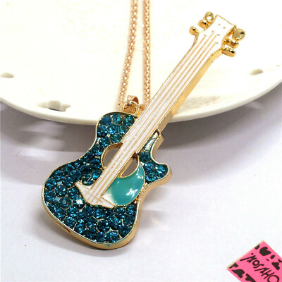 #ad New Fashion Women Blue Rhinestone Enamel Crystal Guitar Pendant Chain Necklace $3.68