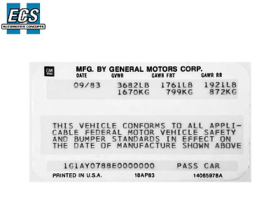 #ad 1984 GM VIN Door Decal Sticker Date amp; VIN Printed Z28 SS 442 Corvette Regal $79.99