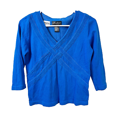 #ad Karen Arnold Womens Blue Blouse PL Petite 3 4 Sleeve Layered Strip Pullover Top $12.98