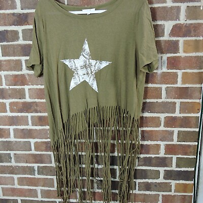 #ad Easel Top Large Women Green Shirt Star Graphic Tribal Fringe Tee $10.99