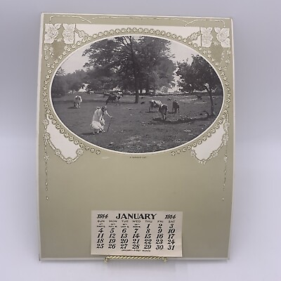 #ad 1914 Embossed Calendar Page January quot;A Summer Dayquot; Clean Sharp Corners $12.15