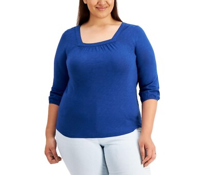#ad Style amp; Co Women#x27;s Plus Size Stretch Square Neck Top Blue 1X $12.00