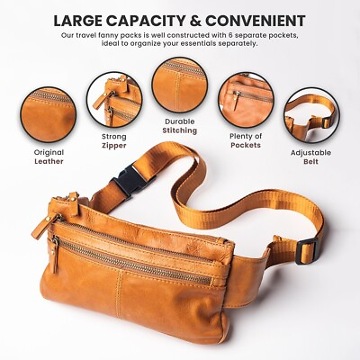 #ad Light Brown Leather Fanny Pack Adjustable Strap Travel Hip Bum bag Purse wallet $34.99