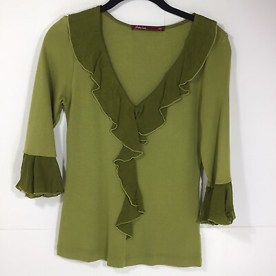 #ad Barbara Lesser Fibers Women#x27;s Green Ruffle VNeck 3 4 Bell Sleeve Knit Top XSmall $14.95
