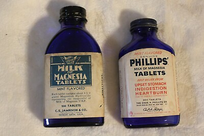 #ad Two Cobalt Milk Of Magnesia Tablet Bottles Phillips amp; Clinic Both with Labels $13.99