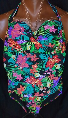 #ad Catalina MultiColor Floral Halter Tie Padded Lined One Piece Swimsuit 12 14 $11.00