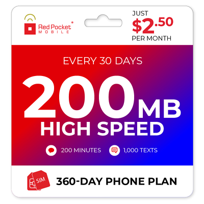 #ad #ad $2.50 Mo Red Pocket Prepaid Plan: 200 Talk 1000 Text 200MB $30.00