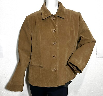 #ad Kathy Ireland Suede Leather Women Sz L Button Blazer Jacket Burnt Orange lined $27.99