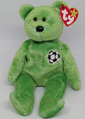 #ad quot;Kicksquot; Green Soccer Ball TY Beanie Baby Bear P.E. Pellets Plush Toy $5.00