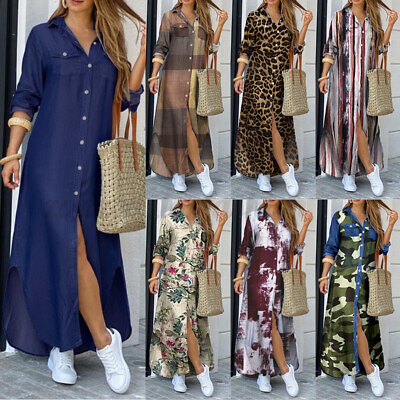 #ad Womens Casual Collared Long Sleeve Shirt Dress Floral Buttons Loose Midi Dresses $16.14