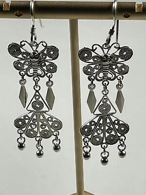 #ad 925 STERLING SILVER BUTTERFLY FILIGREE DANGLE EARRINGS BOHO INSECT FUN 1260 $11.97