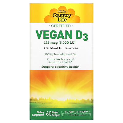 #ad Country Life Vegan D3 5000 IU 60 Vegan Softgels Gluten Free Milk Free No $25.64
