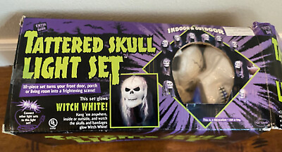 #ad Vintage 90s Tattered Skull Indoor Outdoor String Light Set Halloween Witch White $39.50