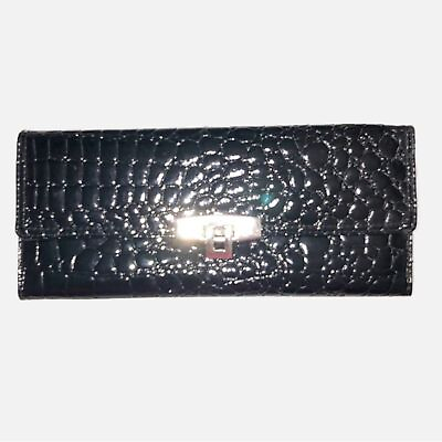 #ad Black Croc Embossed Vegan Faux Leather Clutch Wallet Silver Latch Patent $14.95