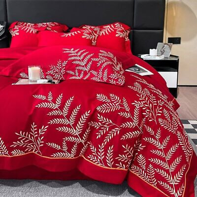 #ad 100% Egyptian Cotton Luxury Bedding Set Leaf Embroidered Duvet Cover Set Home $179.59