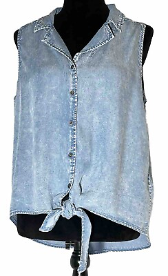 #ad JaneDelancey Misses XL Light Chambray Tie Front Hi Lo Casual Sleeveless Blouse $15.00