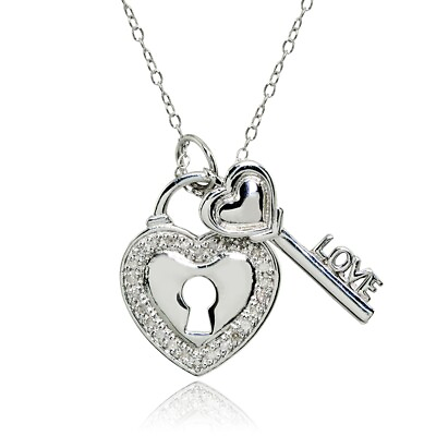 #ad LOVE Key Heart Lock 1 10ct TDW Diamond Sterling Silver Pendant Necklace JK I3 $39.99