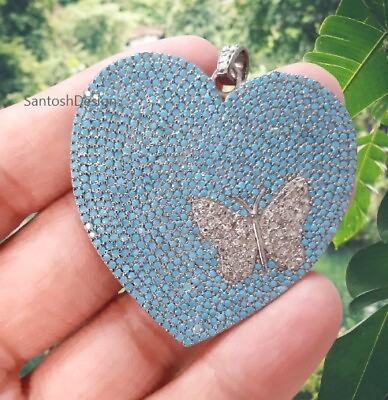 #ad Designer Sterling Silver Heart Butterfly Turquoise Diamond Charm PendantGift $150.07