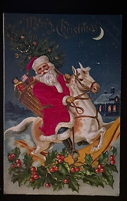 #ad Patriotic SILK Santa Claus on Horse with USA Flag Toys Christmas Postcard h161 $30.00