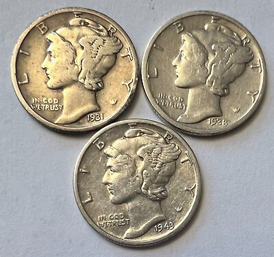 #ad 1931 S 1938 S 1943 S SET OF 3 MERCURY DIMES COINS SAME AS SHOWN IN PHOTO #34 $19.99
