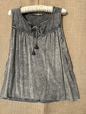 #ad Mystree Top L Cute Gray Mineral Wash Boho Hippie Sleeveless Peasant Shirt Blouse $17.49