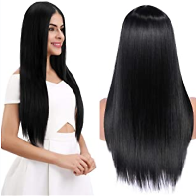 #ad Women Black Straight Party Wigs Middle Part Long Wig No Lace Synthetic Hair Wigs $15.31