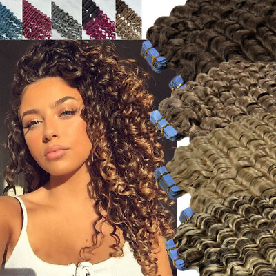 #ad Invisible Tape In Human Hair Extensions Seamless Skin Weft Deep Curly Real Hair $39.00