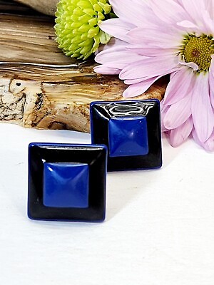 #ad Vintage Earrings Signed Napier 1980s Geometric Funky Blue Black Unique 1quot; Womens $15.88