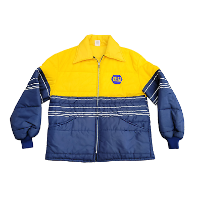 #ad Vintage Cap N Jac NAPA Mens L Puffer Coat Yellow Blue NAPA Auto Parts Shop Zip $39.95