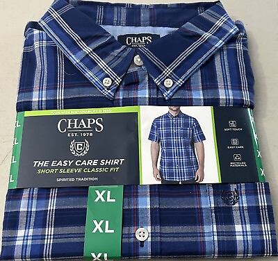 #ad Men#x27;s Chaps Short Sleeve Button Down Easy Care Shirt Blue Plaid Logo Size XL. $22.97