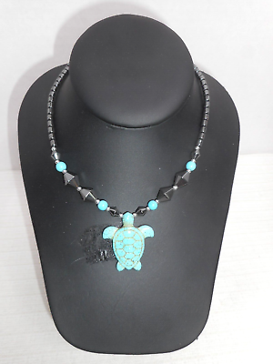 #ad Turtle Turquoise Necklace 18quot; Stone Pendant Hematite Beads Boho Nice Sea Beachy $19.99