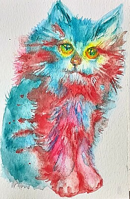 #ad Colorful tabby cat artOriginal paintingsignedkittenpet lover bestgift $15.00