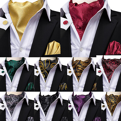 #ad Paisley Mens Silk Ascot Tie Black White Scarf Cravat Ties Hanky Cuffs Set $12.98