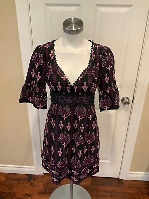 #ad Nanette Lepore Black Dress W Light amp; Dark Purple Embroidery Size 4 US $43.20