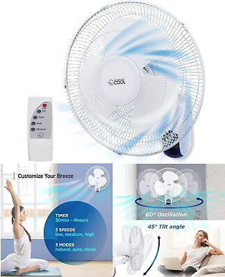 #ad Wall Mount Fan With Remote 16quot; Oscillating Quiet 3 Speed Indoor Outdoor Cooling $54.99