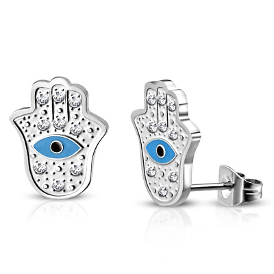 #ad Stainless Steel Silver Tone White Clear CZ Hamsa Hand Stud Earrings $15.99