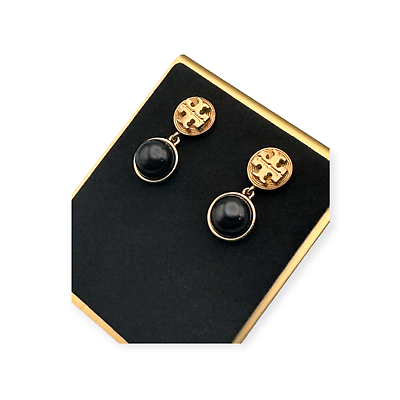 #ad Tory Burch Livia Aged Gold Plated Drop Black Half Dome Stone Logo Stud Earrings $58.00