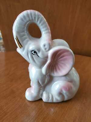 #ad Vintage Japanese Ceramic Happy Elephant Grey Pink With Golden Tasks Detailed $10.21