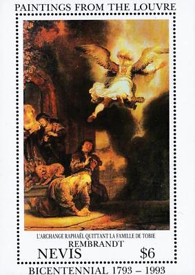 #ad NEVIS 1993 PAINTING by REMBRANDT fr.LOUVRE S S MNH RELIGION ANGEL JUDAICA $1.75