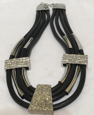 #ad Black Leather Look ChokerMCM Brutalist Design Silver Bars Necklace by C1946 18” $37.70