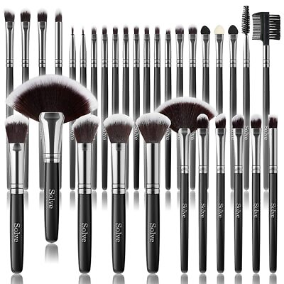 #ad Makeup Brush Set SOLVE 32 Pieces Professional Brushes Wooden Black $20.99