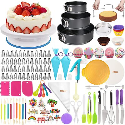 #ad 469x Set Cake Decorating Supplies Kit Baking Tools Turntable Stand Cupcake liner $39.99