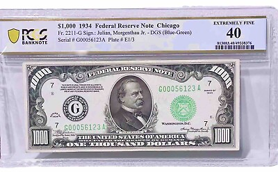#ad 1934 $1000 BILL FRN CHICAGO PCGS 40XF Fr.2211 G NO ISSUES LOW S#123 GORGEOUS $4649.00