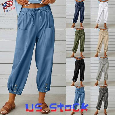 #ad Womens Cotton Linen Cropped Harem Pants Summer Combat Cargo Wide Leg Trousers US $19.29