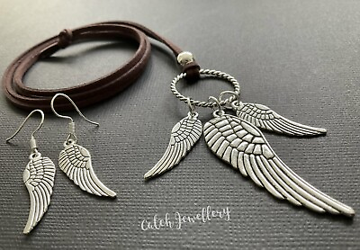 #ad Long BROWN Suede Large WINGS NECKLACE And FREE WING EARRINGS Boho Lagenlook GBP 4.49